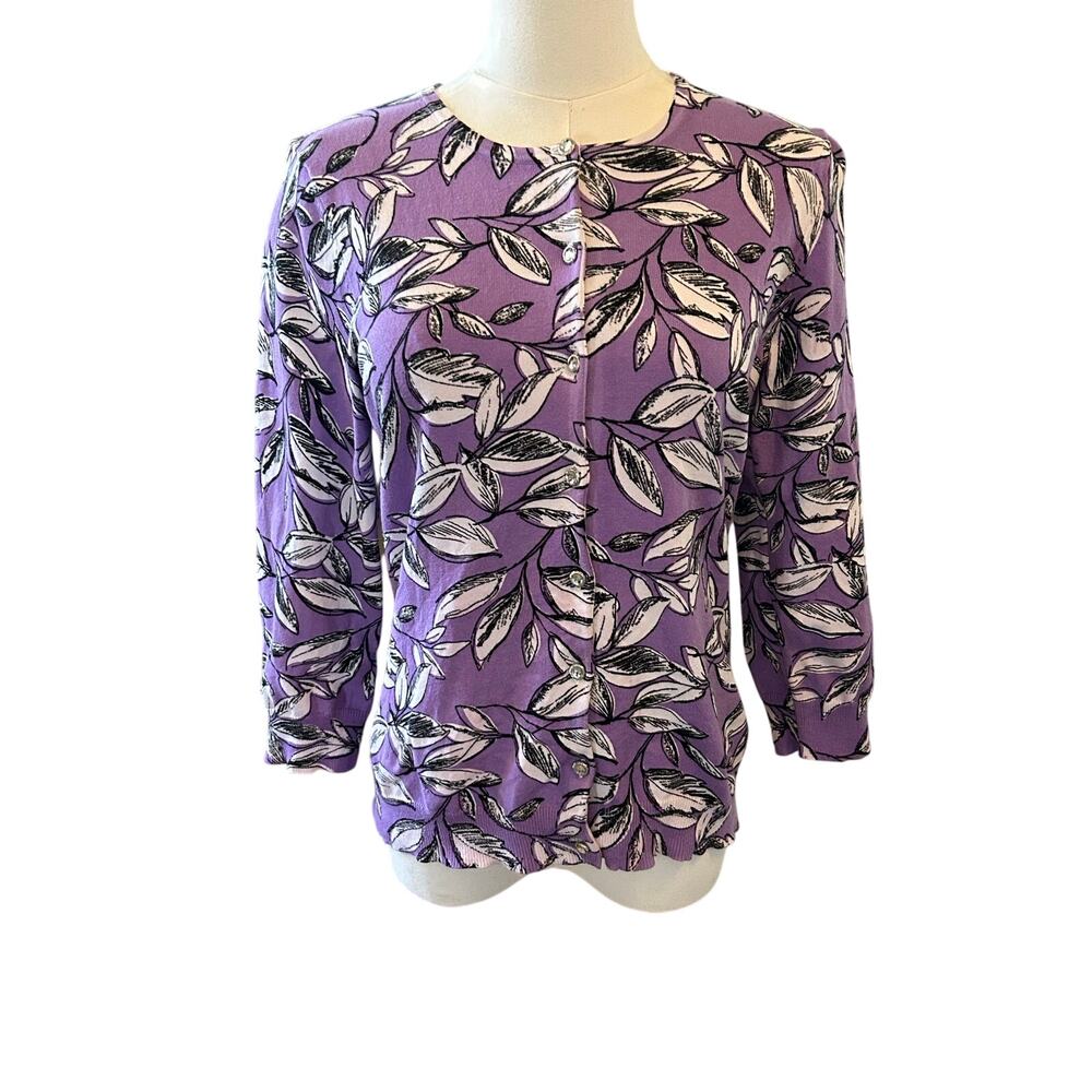 Cable & Gauge purple leaf print cardigan sweater medium cotton - Picture 2 of 6